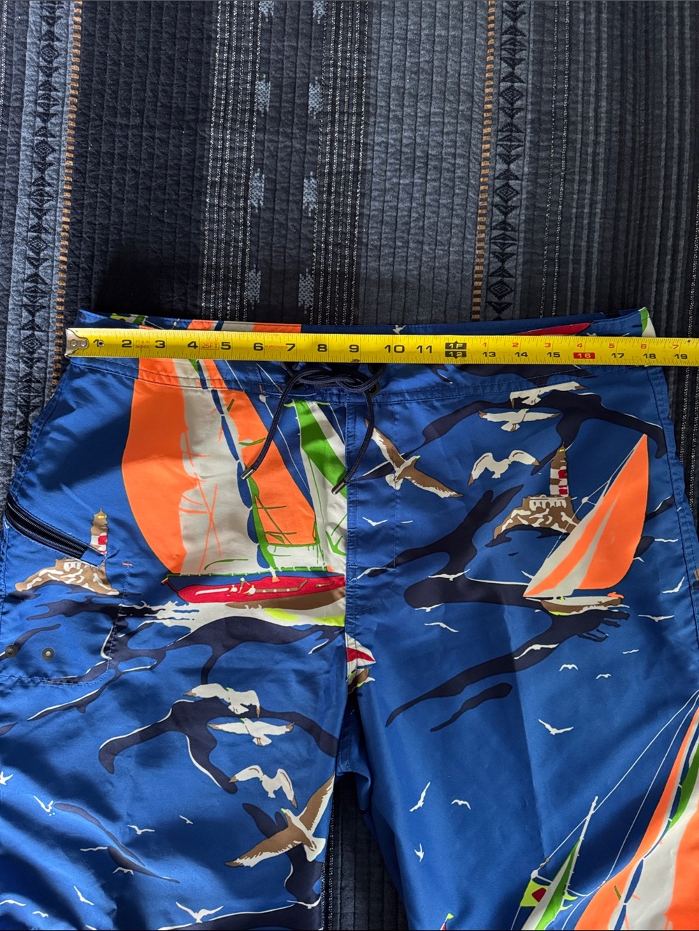 Ralph Lauren RLX Sailboat-Print Swim Board Shorts with Orange & Green Accents - Picture 13 of 15